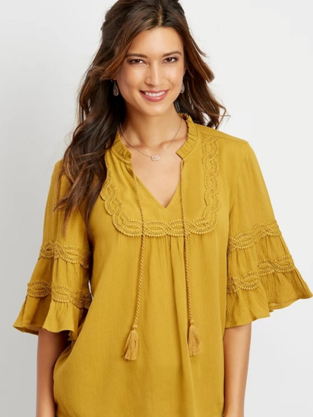 Maurices Mustard Yellow Boho Peasant Blouse Top Ruffled Tassel Bell Sleeve Large